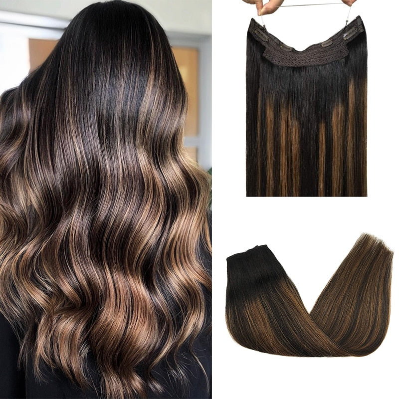 Wire in Hair Extensions Human Hair Straight Fish Line Natural Fusion Hair Extensions with Clips Weft Hair Extensions For Women