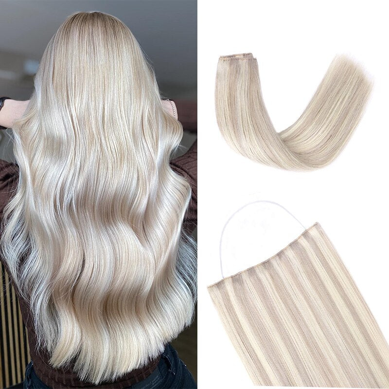 Wire in Hair Extensions Human Hair Straight Fish Line Natural Fusion Hair Extensions with Clips Weft Hair Extensions For Women