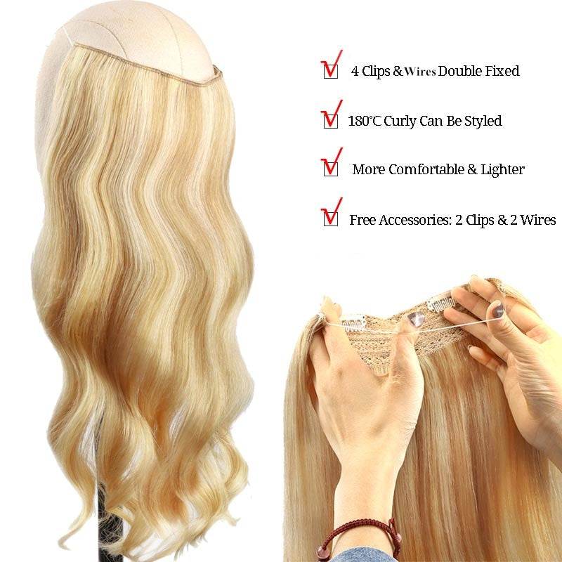 Wire in Hair Extensions Human Hair Straight Fish Line Natural Fusion Hair Extensions with Clips Weft Hair Extensions For Women