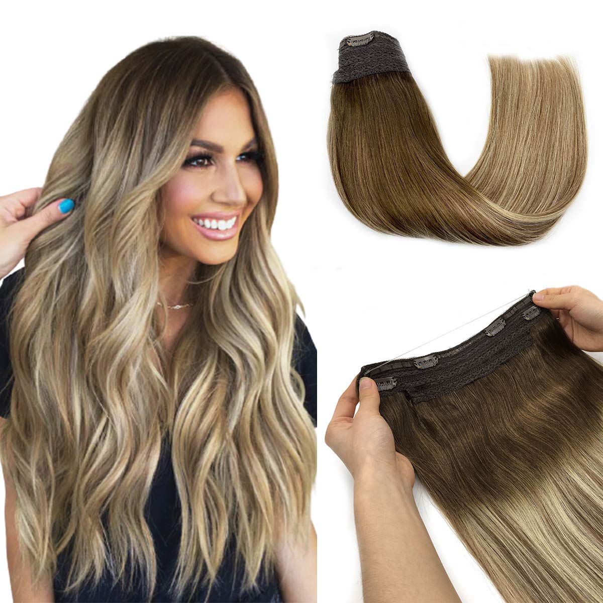 Wire in Hair Extensions Human Hair Straight Fish Line Natural Fusion Hair Extensions with Clips Weft Hair Extensions For Women