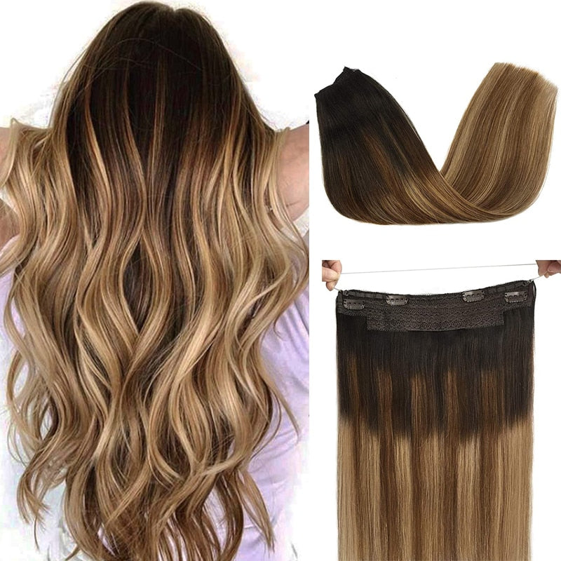 Wire in Hair Extensions Human Hair Straight Fish Line Natural Fusion Hair Extensions with Clips Weft Hair Extensions For Women