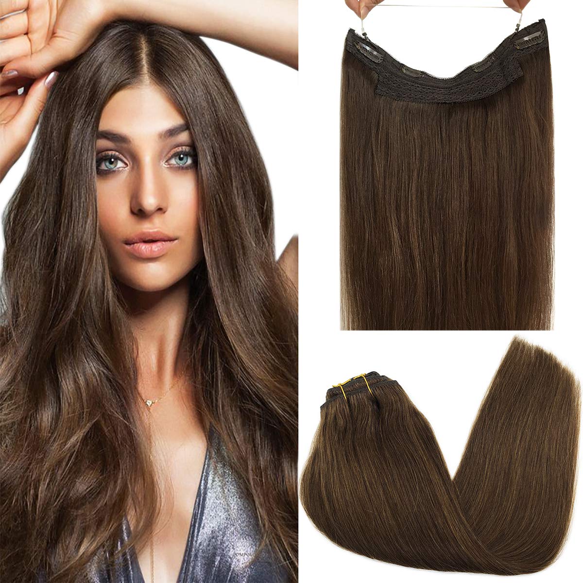 Wire in Hair Extensions Human Hair Straight Fish Line Natural Fusion Hair Extensions with Clips Weft Hair Extensions For Women