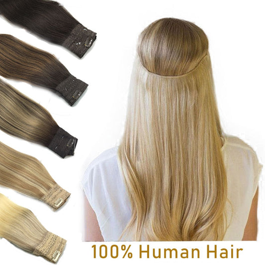 Wire in Hair Extensions Human Hair Straight Fish Line Natural Fusion Hair Extensions with Clips Weft Hair Extensions For Women