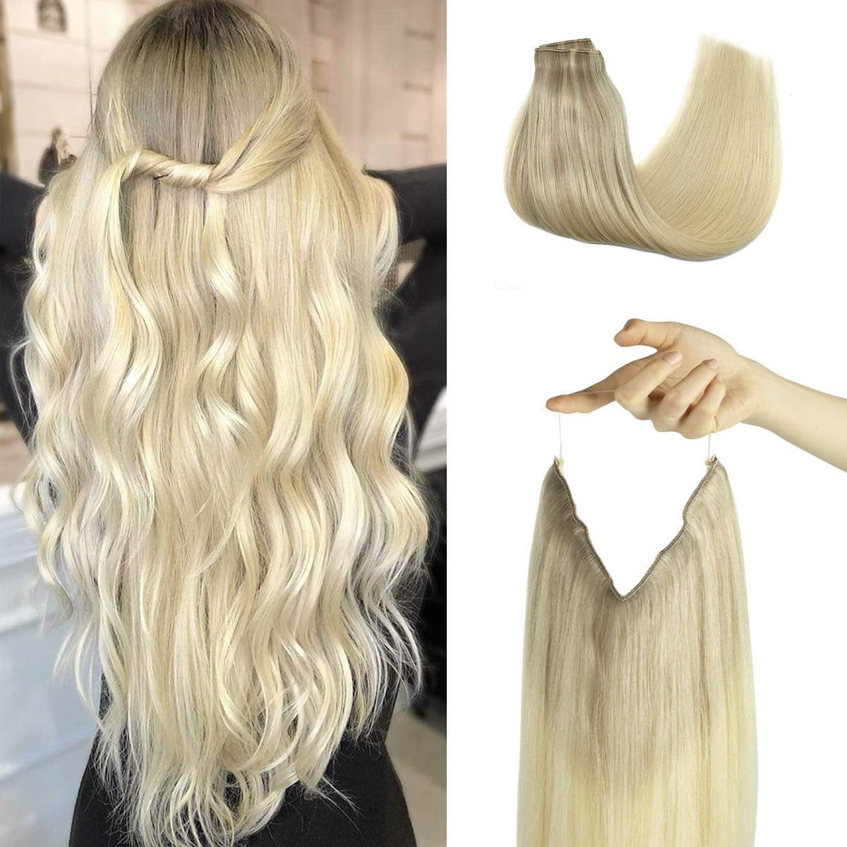 Wire in Hair Extensions Human Hair Straight Fish Line Natural Fusion Hair Extensions with Clips Weft Hair Extensions For Women