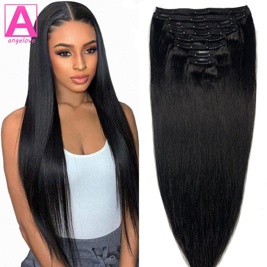 Straight Clip In Hair Extensions Human Hair Brazilian Clip In 8 Pcs/Set Natural Black Color Clip Ins 10-26 Inch 120G Remy Hair