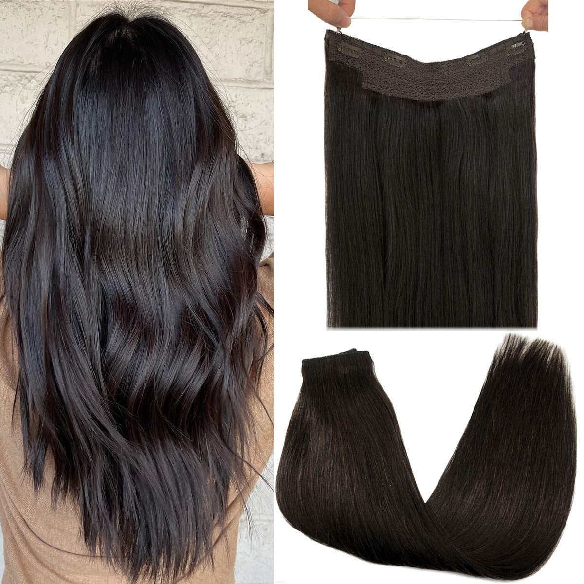 Wire in Hair Extensions Human Hair Straight Fish Line Natural Fusion Hair Extensions with Clips Weft Hair Extensions For Women